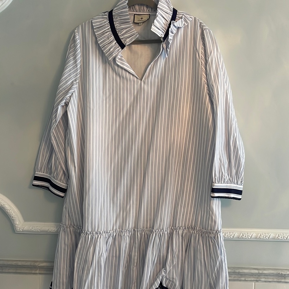 Tuckernuck ruffle neck grosgrain ribbon striped dress XL